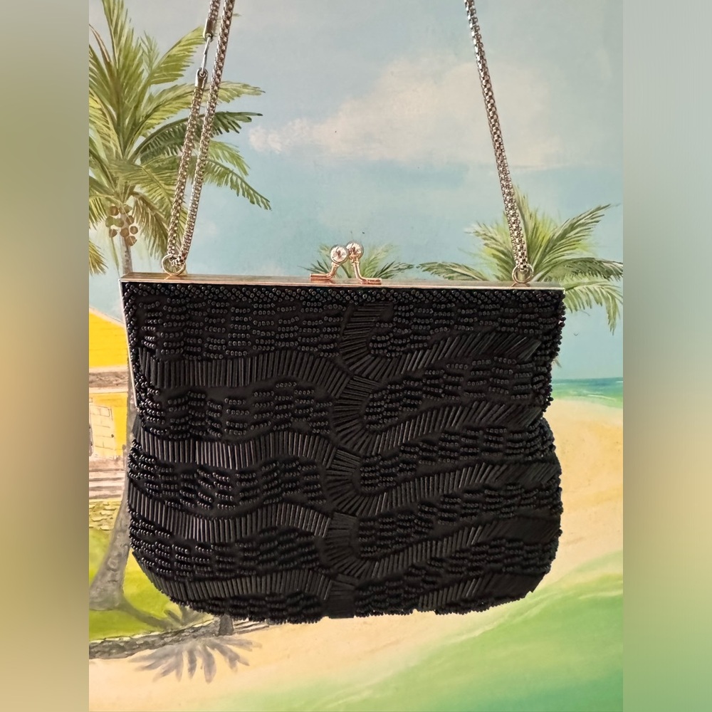 Vintage Black Beaded Evening Bag Clutch Small Purse